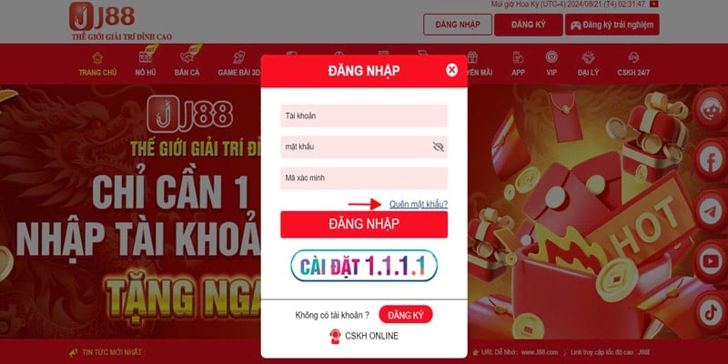 Tính năng hỗ trợ lấy lại mật khẩu tại J88